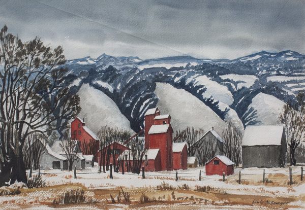 Watercolor by Louis Kollmeyer titled “La Grande Oregon Farm”, 19.5 × 13.5 inches