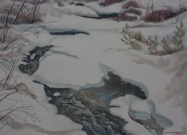 Watercolor by Louis Kollmeyer titled “Untitled (Winter Stream Scene)”, 29 × 21 inches