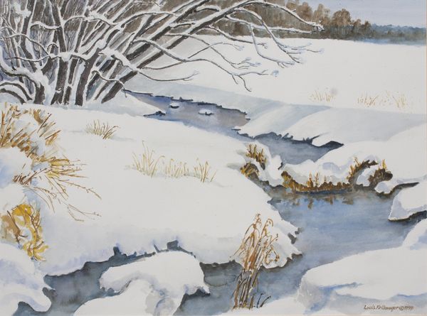 Watercolor by Louis Kollmeyer titled “Untitled (winter stream)”, 29 × 21 inches