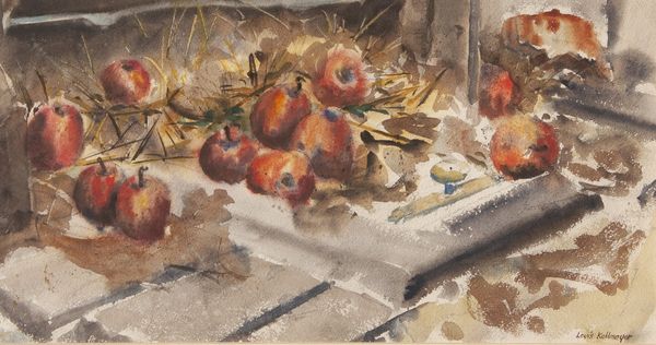 Watercolor by Louis Kollmeyer titled “Winter Apples”, 21 × 11 inches