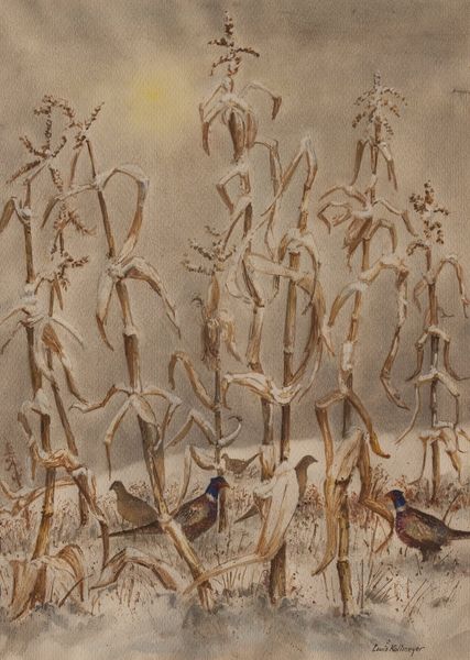 Watercolor by Louis Kollmeyer titled “Winter Snow with Pheasants”, 20.5 × 28.5 inches