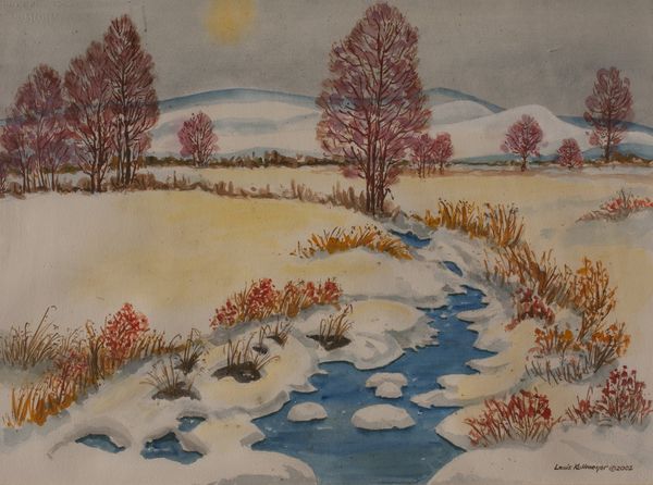 Watercolor by Louis Kollmeyer titled “Winter Stream”, 29 × 21.5 inches